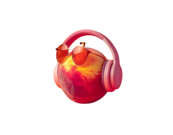 Peach mascot con auriculares y anteojos de sol